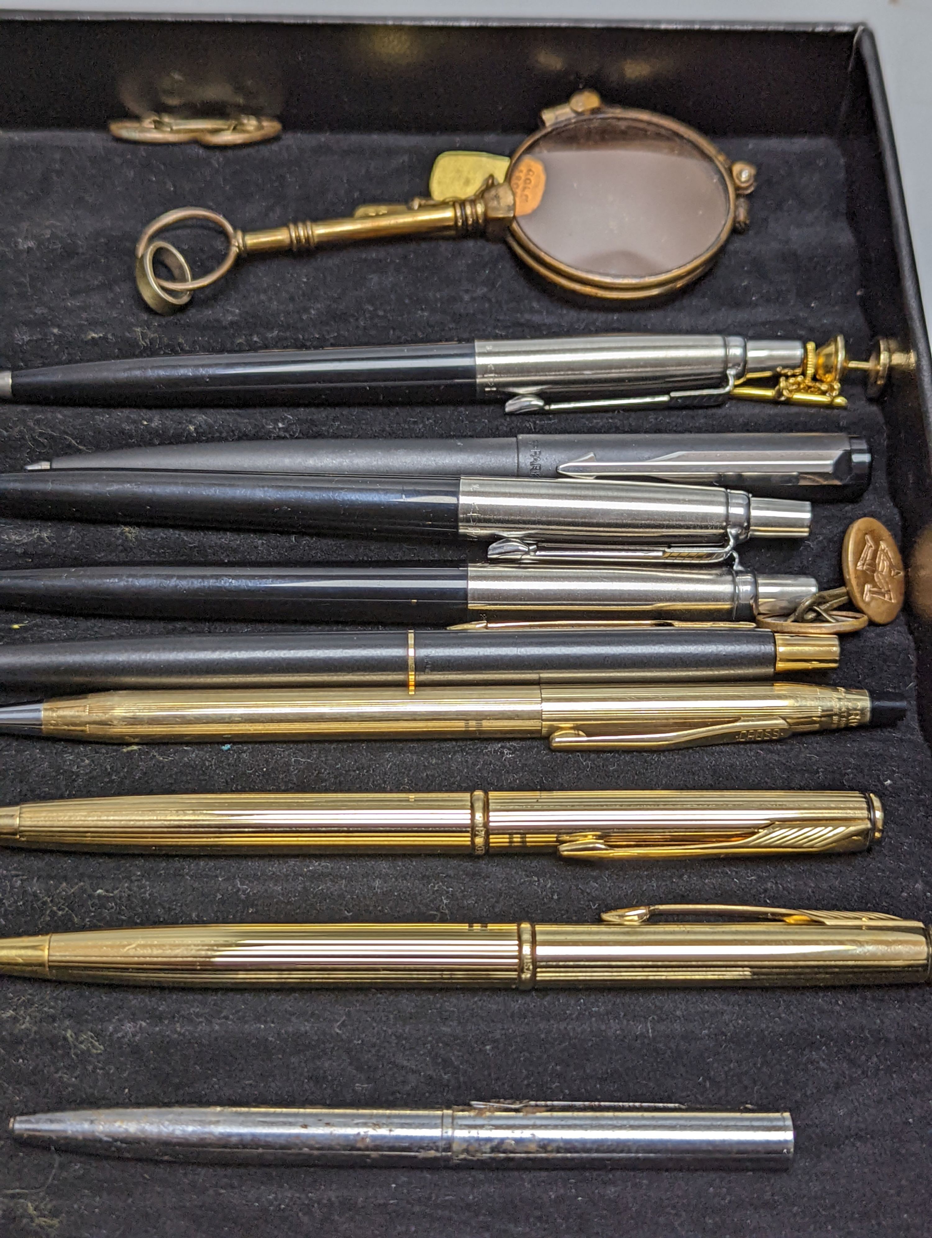 Eight various Parker ballpoint pens, lorgnette, etc.